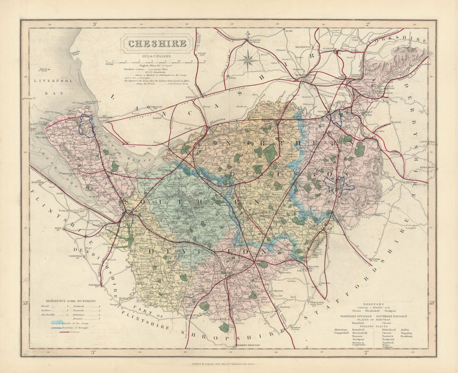 Cheshire antique county map by J & C Walker. Railways & boroughs 1870 old